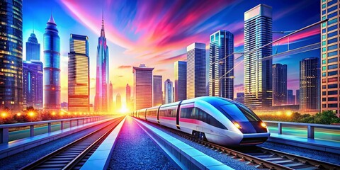 Fototapeta premium Futuristic Digital Train Traveling Through a High-Tech Cityscape with Bright Neon Lights and a Clear Sky, Showcasing Advanced Technology and Innovation in Transportation