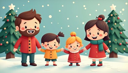 Fototapeta premium happy family 2D art style illustration cartoon Christmas winter background