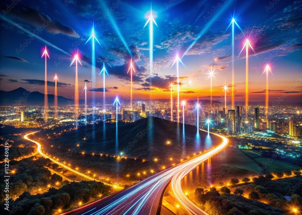 Poster futuristic dynamic scene of illuminated arrows and energy beams converging, representing technologic