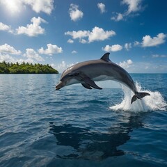 Fototapeta premium Dolphins leaping gracefully from the water near a tropical island.