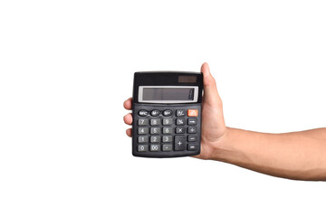 Hand hold calculator isolated on white background