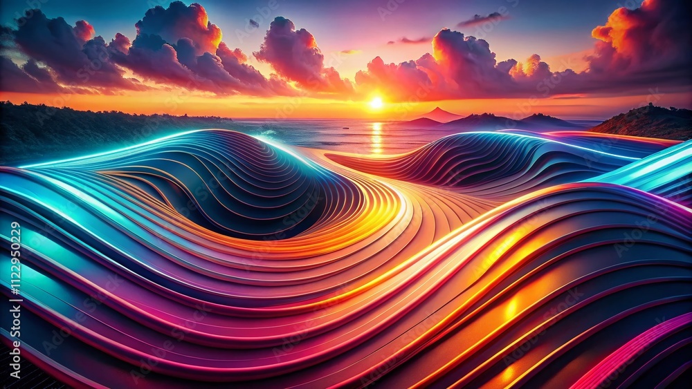 Poster futuristic graphic wave: aerial drone view of dynamic gradient design with glowing curves and vivid 
