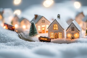 Naklejka premium A snowy Christmas village scene with tiny lit houses and a miniature train set