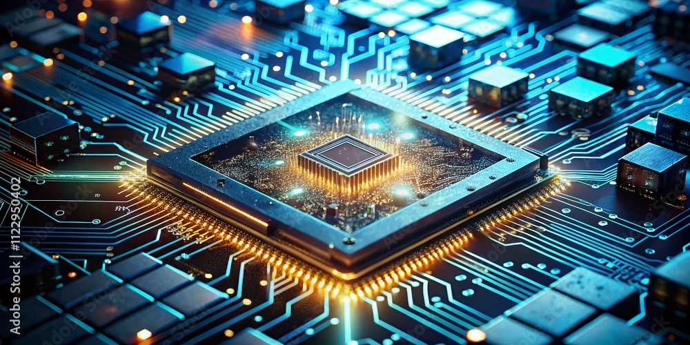 Poster futuristic interface with electronic chips and artificial intelligence: a glimpse into tomorrow's te