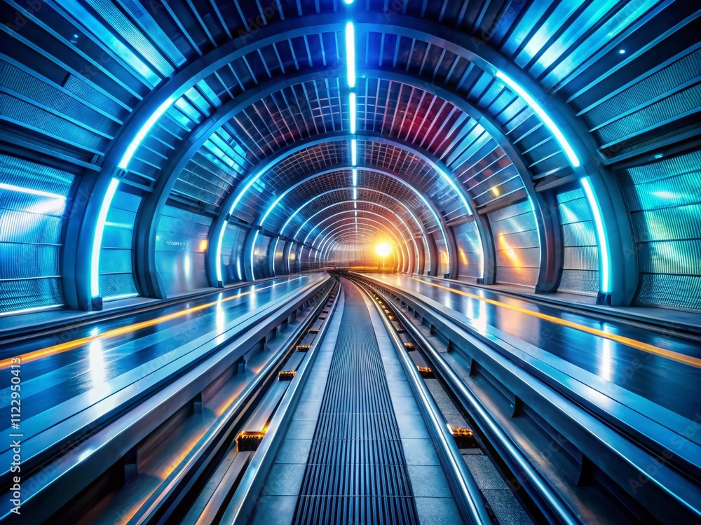 Poster futuristic hyper highspeed tunnel with dynamic light trails and advanced technology in a panoramic v