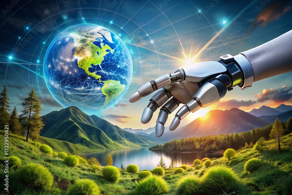Aufkleber futuristic landscape depicting ai technology with a robot hand touching a human hand, symbolizing co