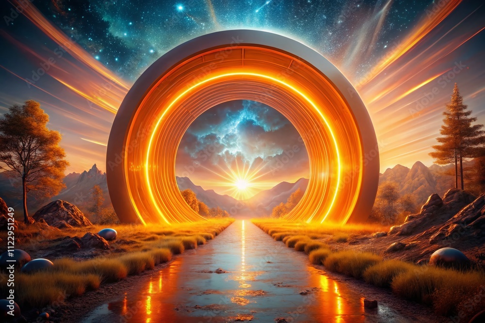 Poster futuristic orange portal surrounded by radiating rays of light, merging elements of surrealism and s