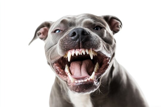 Angry pit bull dog showing teeth on white background