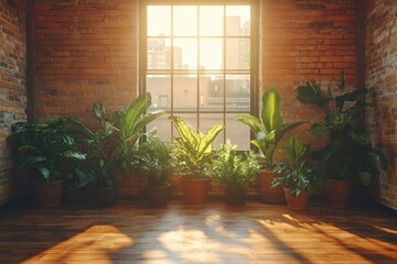 Obraz premium A sunlit room filled with various potted plants against a brick wall.
