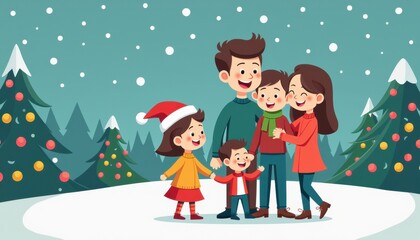 Fototapeta premium happy family 2D art style illustration cartoon Christmas winter background