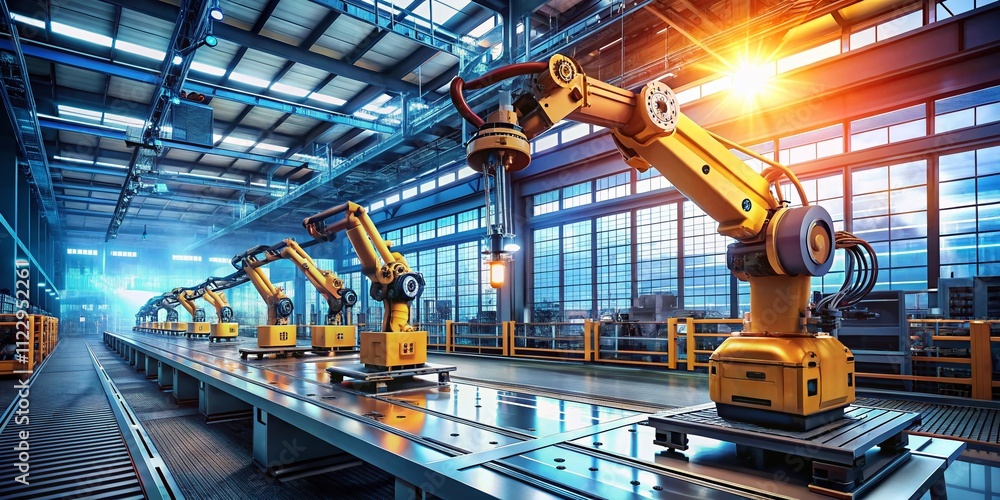 Poster futuristic smart factory with augmented reality technology and robot arm control in a high-tech indu
