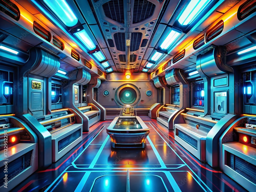Poster futuristic spaceship interior: a candid view of an abstract technology concept with dynamic lighting