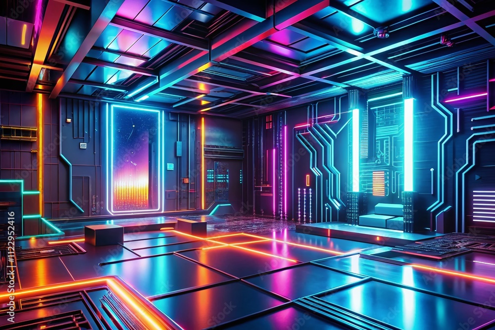 Poster futuristic technology room with neon lines in cyberpunk style - 3d illustration featuring advanced t