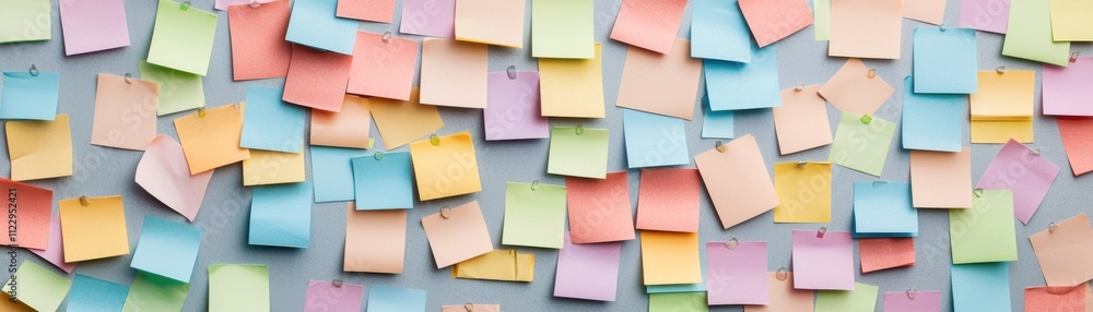 Poster a vibrant array of colorful sticky notes arranged on a surface, showcasing various pastel shades and