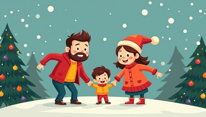 Fototapeta premium happy family 2D art style illustration cartoon Christmas winter background