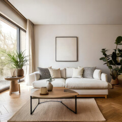Fototapeta premium Scandinavian style living room interior with minimalist design, beige sectional sofa, light and airy atmosphere with clean lines and simple furniture, spacious apartment layout with soft natural light