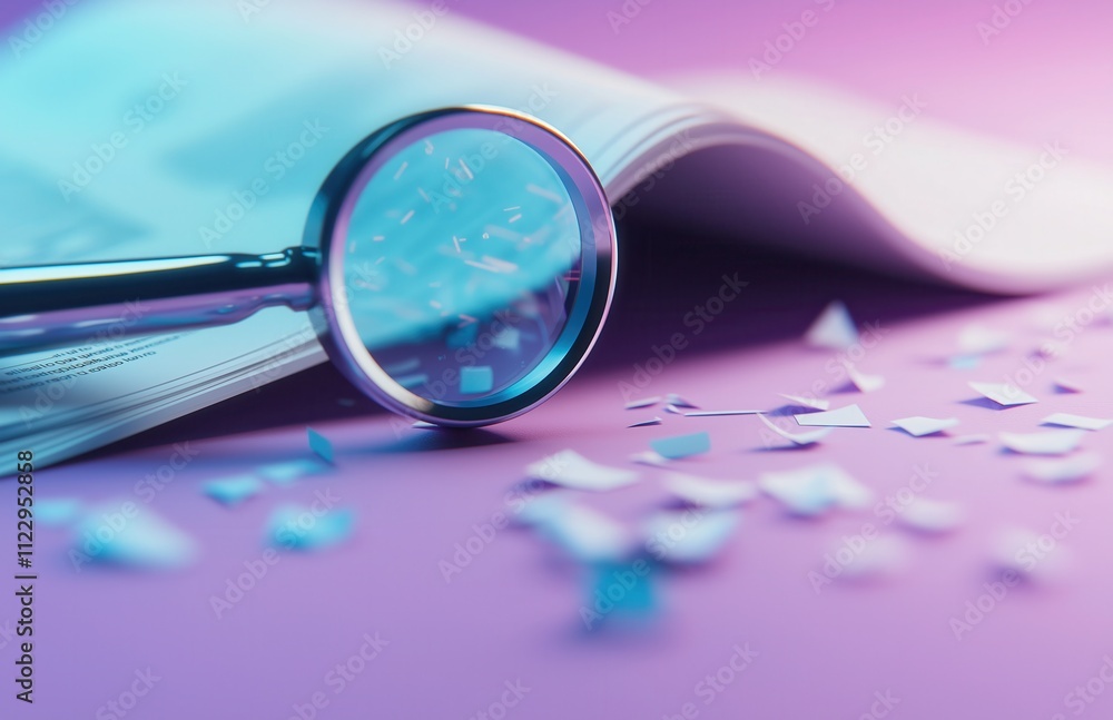 Poster a magnifying glass rests on an open newspaper, surrounded by small paper particles, creating a vibra