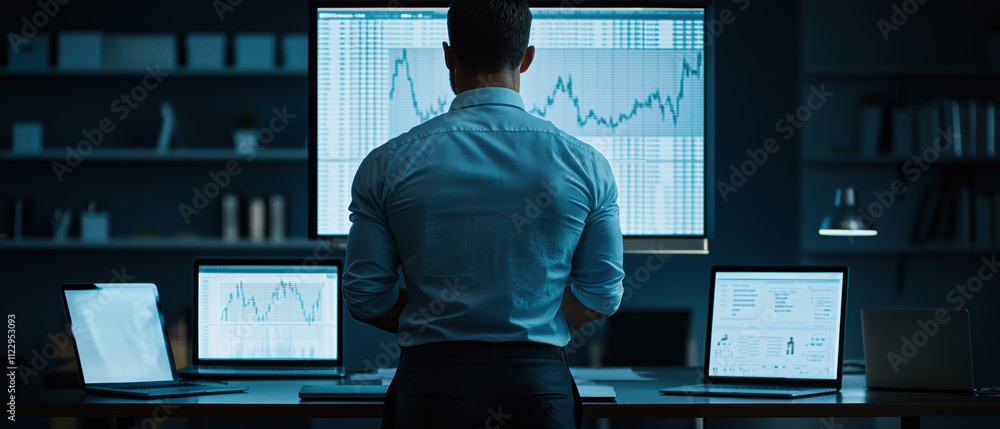 Aufkleber a business professional analyzing data on multiple screens in a modern office environment.