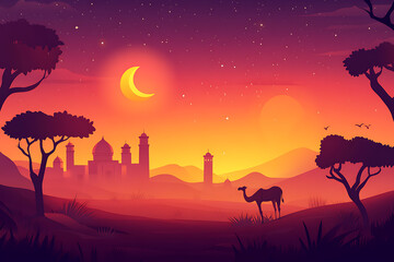 Fototapeta premium Serene Desert Sunset with Crescent Moon and Camel Silhouette near Mosque