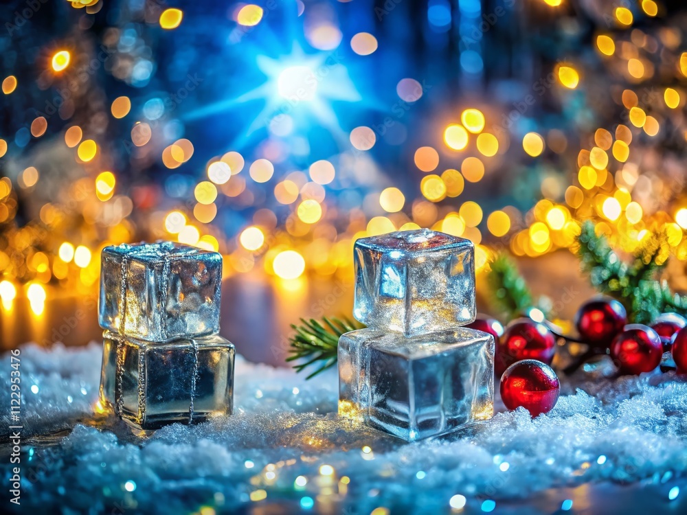 Poster glittering ice with bokeh lights creating a magical christmas backdrop for present displays or winte