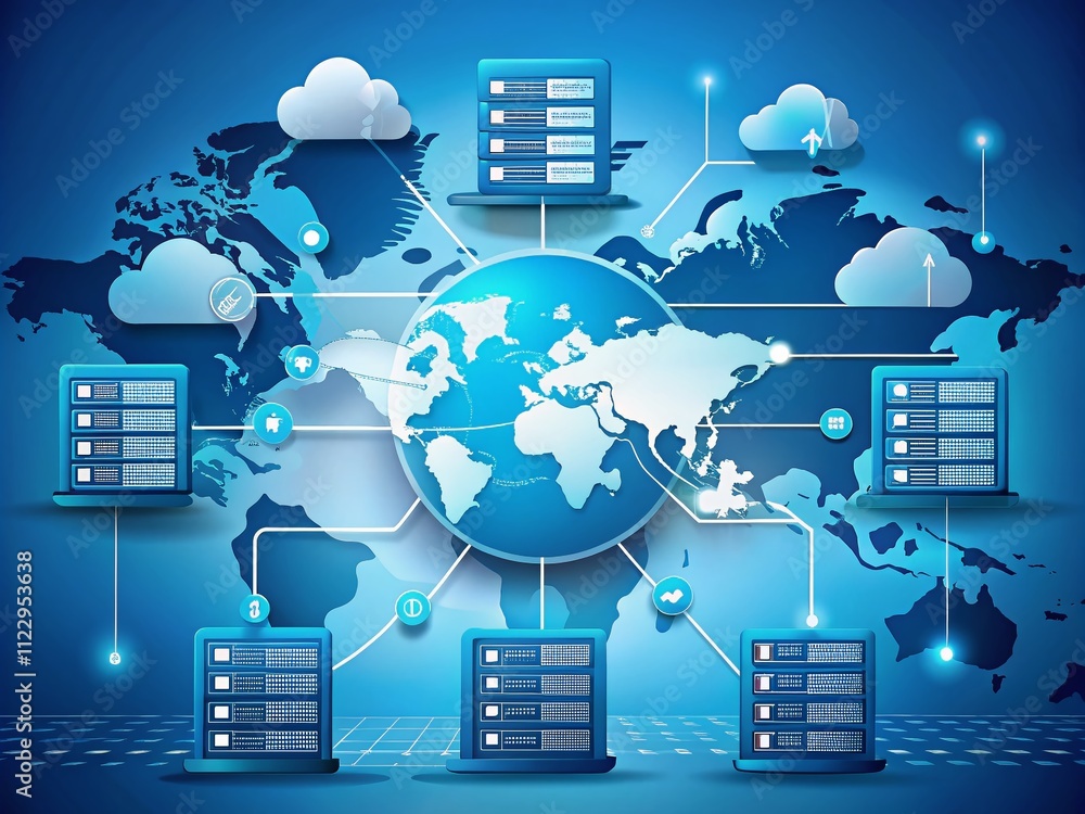 Poster global cloud network with interconnected servers in a flat design illustration, showcasing data flow