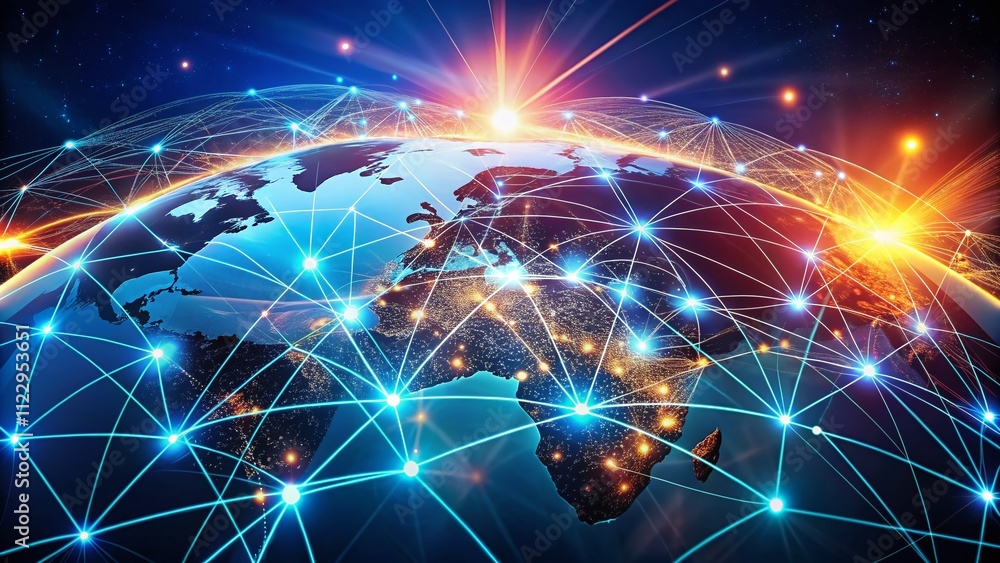Poster global connectivity: digital art illustration of a worldwide network connection with copy space for 