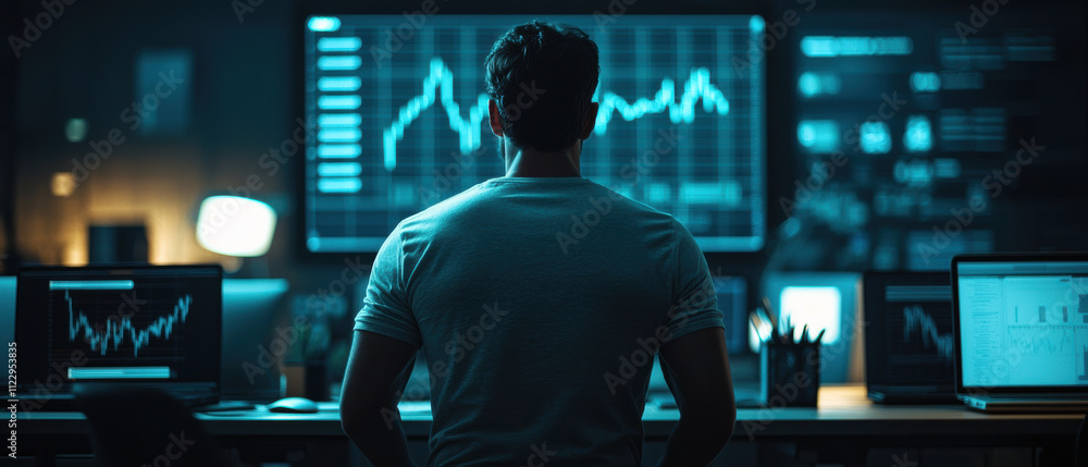 Aufkleber a focused individual analyzing data on multiple screens in a dark office environment.