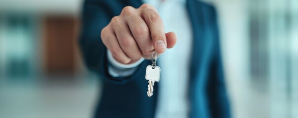 Lawyer or real estate agent type. Hand holding a keychain in a professional setting.