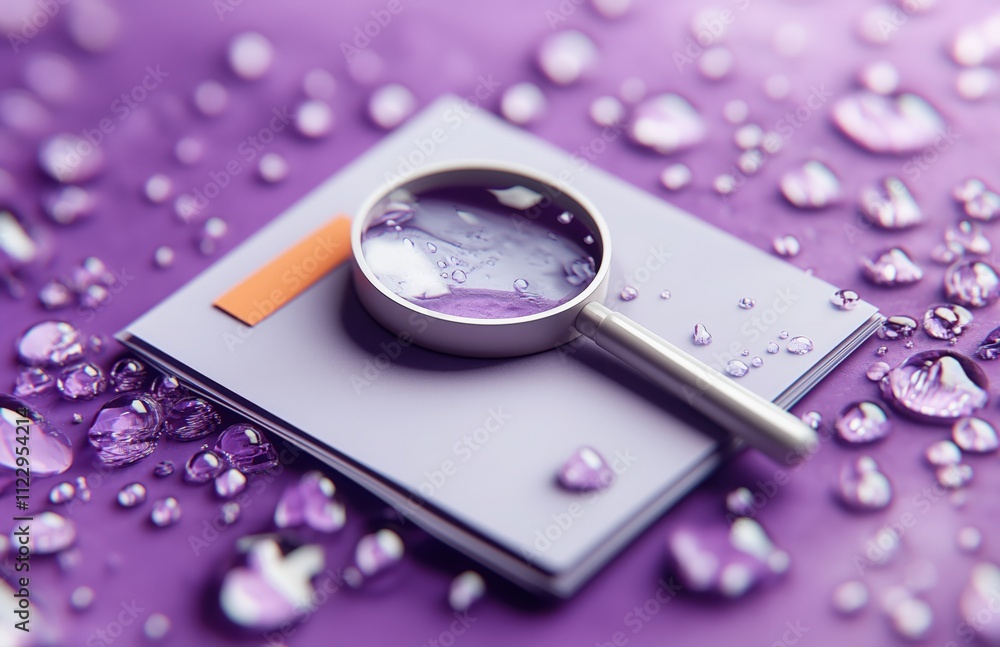 Poster a close-up image of a magnifying glass on a textured surface, adorned with water droplets, creating 