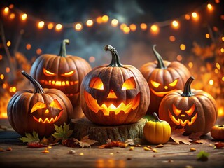 Fototapeta premium Glowing Halloween Jack o' Lanterns with Evil Faces and Bright Eyes for Spooky Seasonal Decor and Halloween Party Elements on a Clear Background
