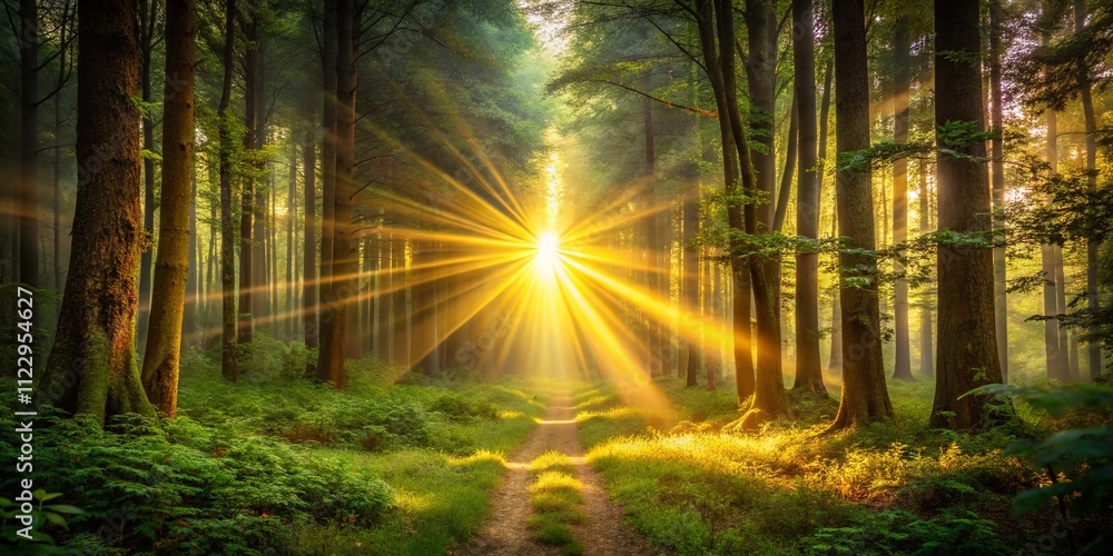 Poster golden beam of light illuminating a pathway towards clear objectives, symbolizing focus and directio