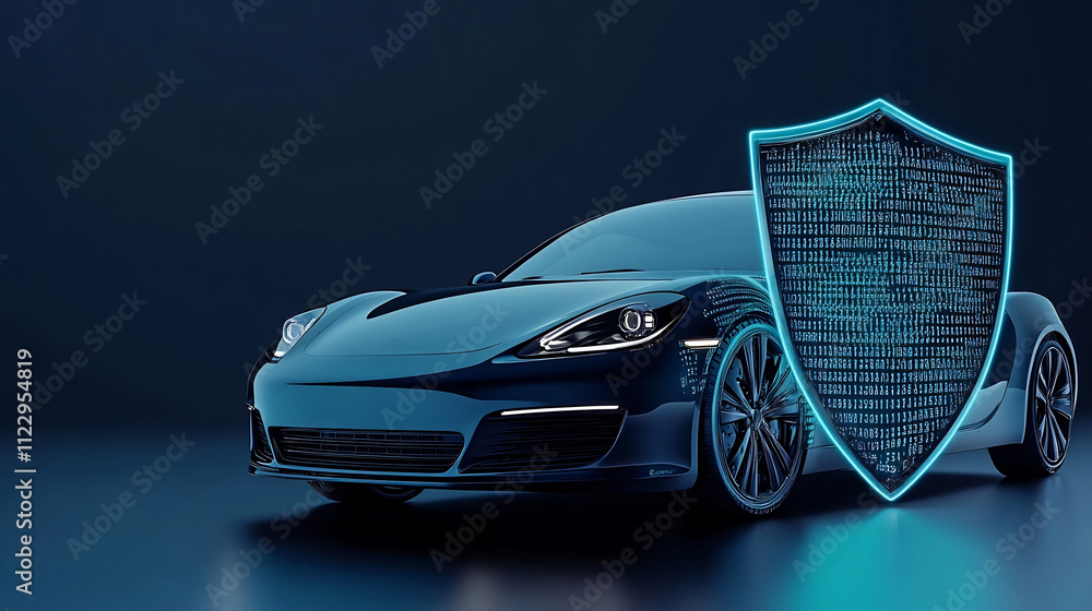 Aufkleber sleek car and binary shield symbolizing evolving auto insurance with technology