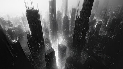 A Foggy Cityscape of Tall, Silhouetted Buildings