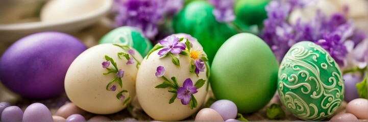 Easter eggs, surrounded by lush greenery and flowers, made in purple and green tones on a monochrome background, the concept of a happy Easter. A banner with a place to copy it.