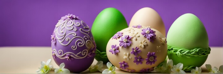 Fototapeta premium Easter eggs, surrounded by lush greenery and flowers, made in purple and green tones on a monochrome background, the concept of a happy Easter. A banner with a place to copy it.