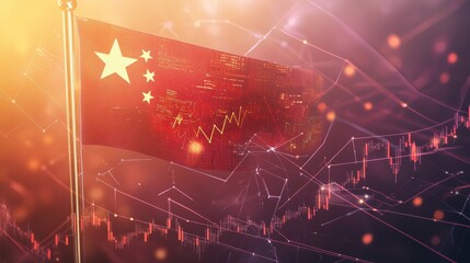China flag waving with digital financial market graphs, showing economic growth.