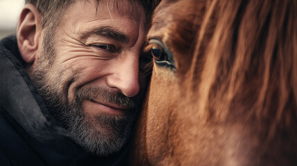 A man enjoying a close moment with a gentle brown horse, showcasing their bond.