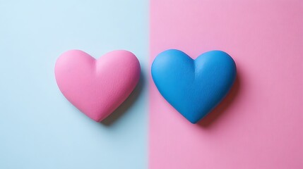 Fototapeta premium Pink and blue hearts on pastel background