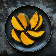 Close-up of kabocha slices on dark plate artistic minimalism in gourmet food photography