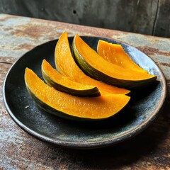 Artistic kabocha presentation minimalist gourmet photography on dark plate