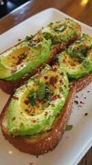 Savoring fresh avocado toasta top-down view of garnished slices in a cozy kitchen setting