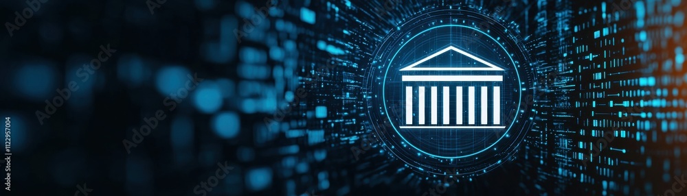 Poster a digital representation of a classical building icon, surrounded by a network of data, symbolizing 