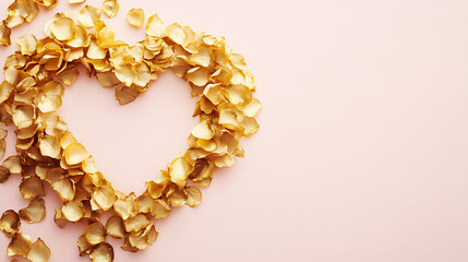 Obraz premium heart shape made of golden rose petals on soft pink background