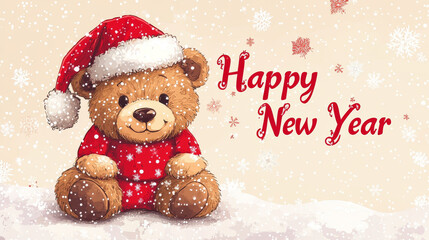 Christmas themed cute teddy bear vector illustration.Christmas Greeting Card with Santa Claus.Happy new year lettering.T-shirt Graphics.New Year Cards.Cute teddy bear graphic design with gift box.

