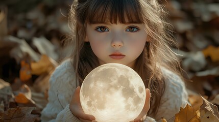 Naklejka premium Young girl holding glowing moonlight orb in autumn leaves