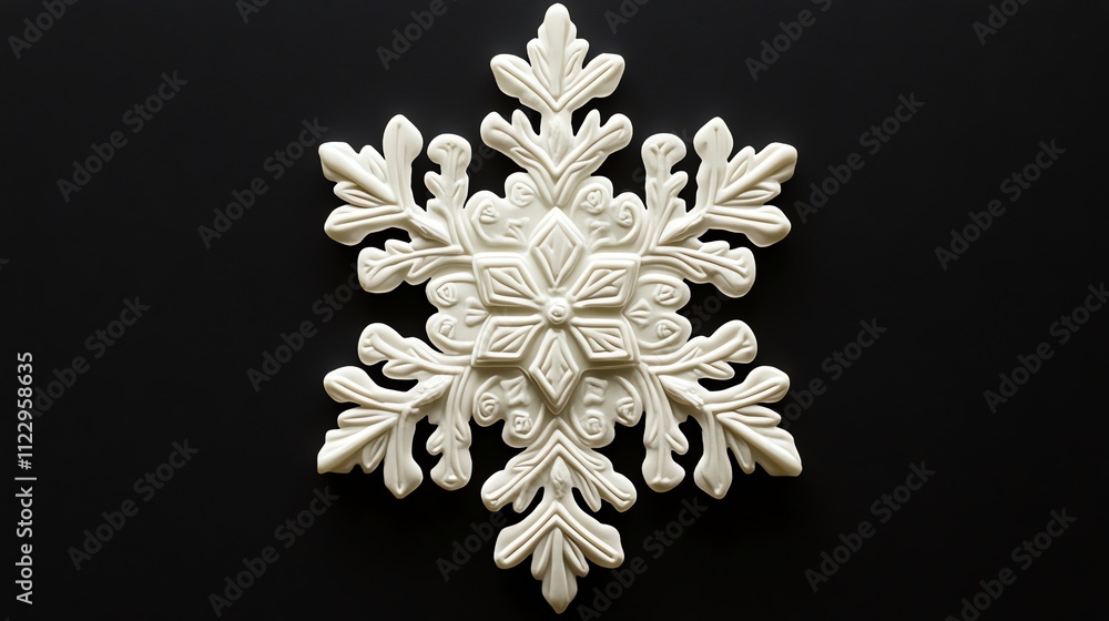 Poster Ornate white snowflake design with intricate leaf patterns on a dark background.