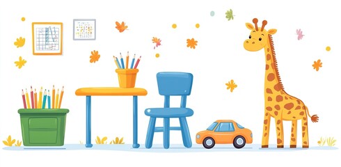 Fototapeta premium kindergarten interior design furniture and toys, including wooden table, chair, bookshelf, and education equipment.