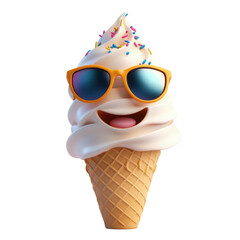 A cheerful ice cream cone with a smiling face, wearing stylish sunglasses and topped with colorful sprinkles.