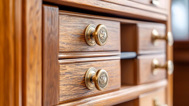 Close-up of antique wooden drawers with brass knobs.