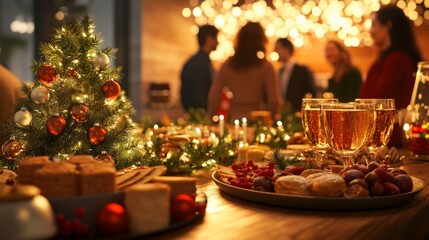 Christmas dinner with friends gathered around a table filled with festive food